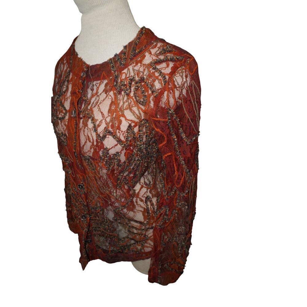 Vintage Sheer Burnt Orange Embroidered Lace Mesh Button-Up Top Boho Whimsy Goth - Picture 4 of 14